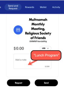 A screenshot of the PayPal screen linked in the preceding paragraph with a callout to where to leave a note